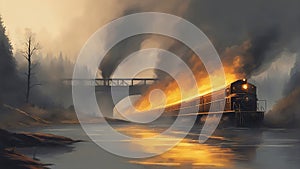 fire A burning train on fire, exploding, that crosses a exploding bridge being blown up, over a river