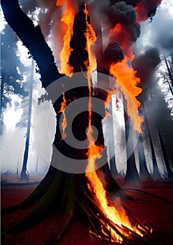 fire burning tree in dark forest , Ai Generated