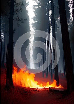 fire burning tree in dark forest , Ai Generated