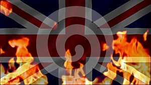 Fire burning the union-jack flag of united kingdom