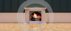 Fire burning in a white classic fireplace, wood floor, wainscot wall, room interior