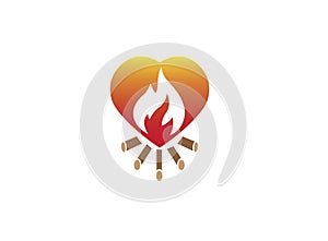 Fire burning wood campfire  inside a heart for logo design