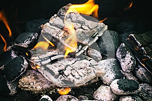 Fire burning wood and coal in the fireplace