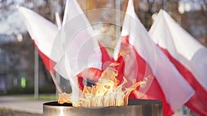 A fire burns in a candle during a national holiday against a backdrop of flying Polish flags.