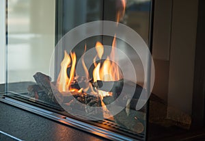 A fire burns in a glass fireplace, radiates heat