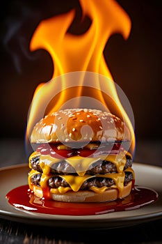 Flames burn the hamburger on the plate.
