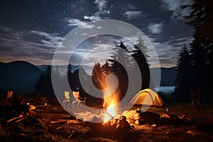 fire camping site under starry sky night scene