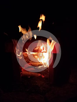 Fire. Cardboard fireplace set ablaze