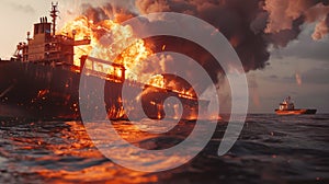 Fire on a cargo ship. A ship carrying crude oil is engulfed in flames