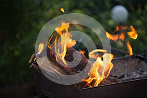 Fire with charcoals. Burning wood. Macro. Live flames with smoke. Wood with flame for barbecue and cooking bbq.