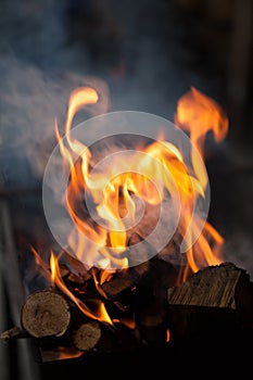 Fire with charcoals. Burning wood. Macro. Live flames with smoke. Wood with flame for barbecue and cooking bbq.