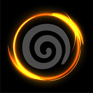 Fire circle on black background. Fire ring glowing trace. Vector fire gold circle.
