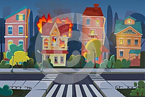 Fire city concept flat cartoon vector illustration. Town living house panorama with burning building