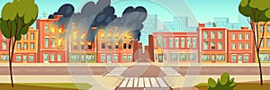 Fire in city house, burning building cartoon