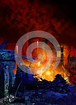 Fire in the city, urban catastrophe, big fire and destroyed buildings, futuristic scenery, 3d rendering