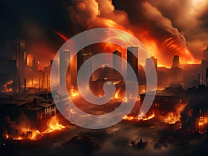 fire in the city of the world war day, burning and disaster