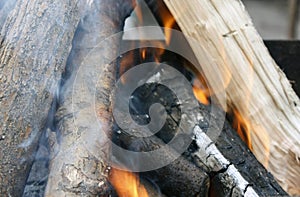 Fire. Closeup of pile of wood burning with flames in the fireplace