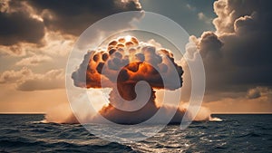 fire in the clouds A nuclear blast in the sea, creating a huge mushroom cloud and a shockwave