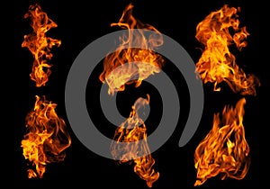 Fire collection set of flame burning isolated on dark background for graphic design purpose photo