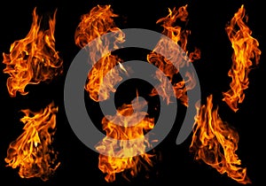 Fire collection set of flame burning isolated on dark background for graphic design purpose