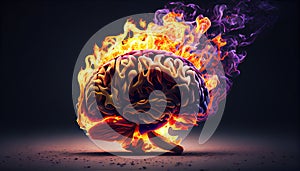 Fire Consume Human Brain With Glowing Neurons on Dark Background AI Generative