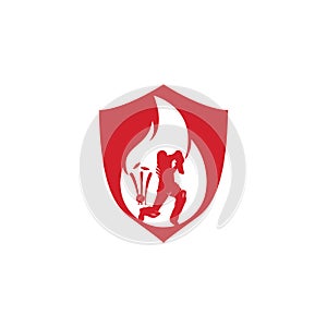 Fire cricket player vector logo design.