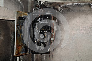 Fire damaged electrical control cabinet equipment.