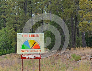 Fire Danger Sign to prevent wildfires in the Northern Arizona Pine Forest