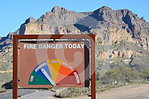 Fire Danger Today Sign, on Picket Post Mountain Trail at Picket Post Mountain in Tonto National Forest. Pinal County, Arizona USA