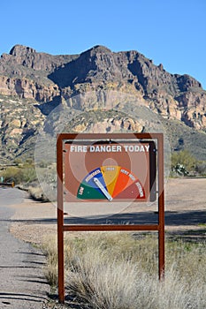 Fire Danger Today Sign, on Picket Post Mountain Trail at Picket Post Mountain in Tonto National Forest. Pinal County, Arizona USA