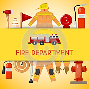 Fire department banner vector illustration. Firefighting equipment and tools firehose hydrant, alarm, bollard and