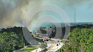 Fire department firetrucks extinguishing wildfire burning severely in Florida jungle woods. Emergency service vehicles