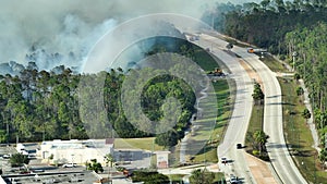 Fire department firetrucks extinguishing wildfire burning severely in Florida jungle woods. Emergency service vehicles