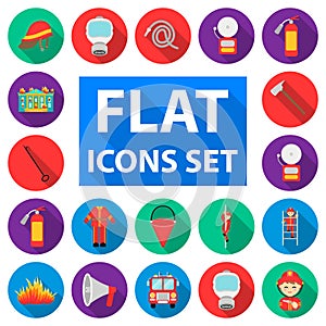 Fire Department flat icons in set collection for design. Firefighters and equipment vector symbol stock web illustration