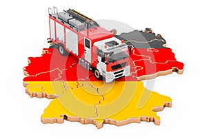 Fire department in Germany. Fire engine truck on the German map. 3D rendering