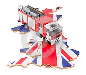 Fire department in the Great Britain. Fire engine truck on the British map. 3D rendering