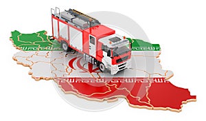 Fire department in Iran. Fire engine truck on the Iranian map. 3D rendering