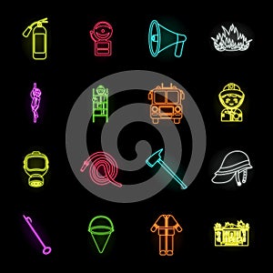 Fire Department neon icons in set collection for design. Firefighters and equipment vector symbol stock web illustration