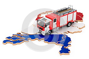 Fire department in The Netherlands. Fire engine truck on the Netherlands map. 3D rendering