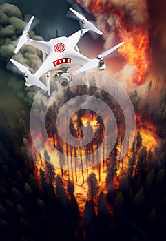 Fire Department Unmanned Aircraft System, UAS Drone Above a Forest Fire - Generative AI