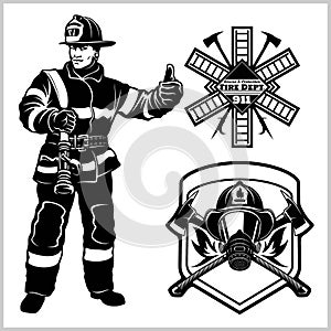 Fire department vector set - fireman s and emblems - badges, elements.