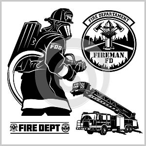 Fire department vector set - fireman s and emblems - badges, elements.