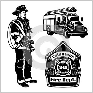 Fire department vector set - fireman s and emblems - badges, elements. photo