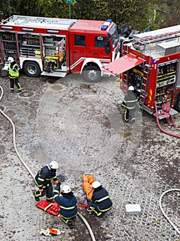 Fire departments and emergency response teams on drill