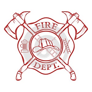 Fire Dept. Label. Helmet with Crossed Axes. Vector