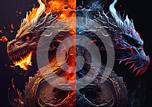 Fire dragon and ice dragon, split symmetrical image in orange and blue, AI generative