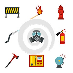 Fire emergency icons set, flat style