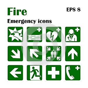 Fire emergency icons. Vector illustration. Fire exit.
