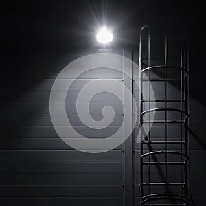 Fire emergency rescue access escape ladder stairway, roof maintenance stairs at night, bright shining lantern lamp light