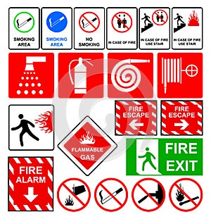 Fire emergency signs. Fire safety signs icons with the exit from the premises. Fire extinguisher icon. Flat fire safety.